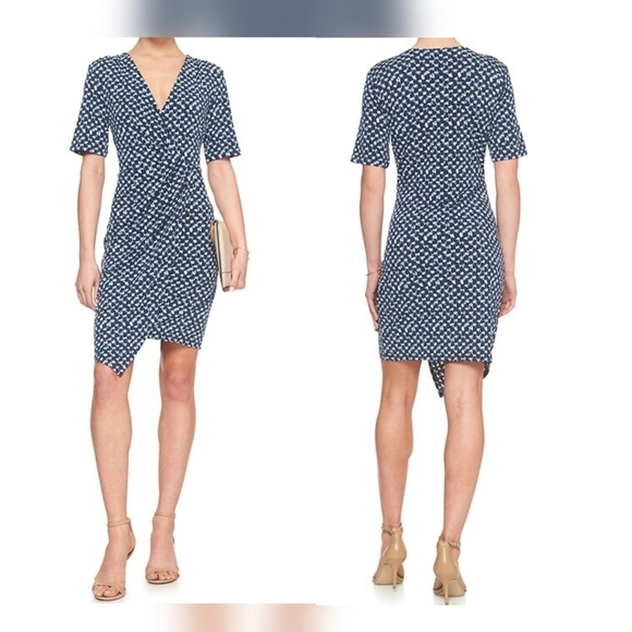 Banana Republic Blue And White Print Faux Wrap Knot Dress Sz L Petite NEW - Picture 1 of 11